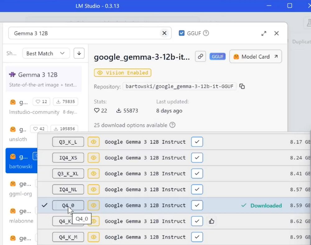 Selecting Google Gemma 3 12B in LM Studio